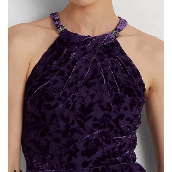 Lauren Ralph Lauren Velvet Burnout Crystal Embellished Halter Neck Sheath Gown - Picture 4 of 17